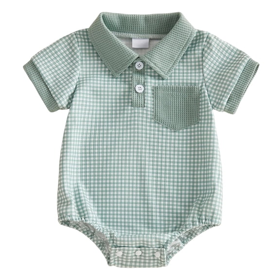 Pandaie 3-18M Newborn Baby Boy Girl Romper Collared Button Short Sleeve Bodysuit Clothes Toddler Plaid Spring Summer Shirt Outfit Green