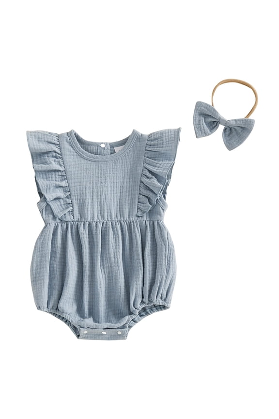 3-18M Newborn Baby Girl Summer Outfit Bow Headhand Smocked Bubble Romper Sleeveless Linen Bodysuit Infant Jumpsuit Clothes Blue 3M(0-3 Months)
