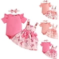 thumbnail image 1 of Pandaie 3-18M Newborn Baby Girl Summer Outfit Ruffle Short Sleeve Romper Flower Suspender Skirt Overall Dress Headband Clothes 3Pcs Hot Pink 12M(9-12 Months), 1 of 9