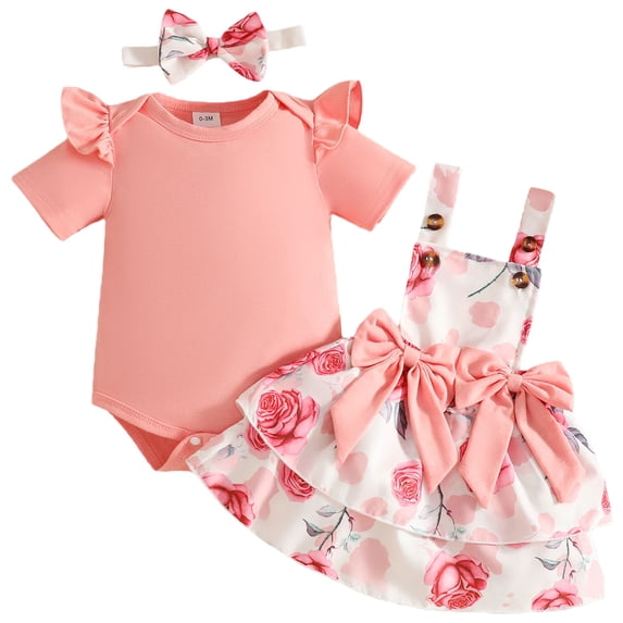 Pandaie 3-18M Newborn Baby Girl Summer Outfit Ruffle Short Sleeve Romper Flower Suspender Skirt Overall Dress Headband Clothes 3Pcs Pink 9M(6-9 Months)