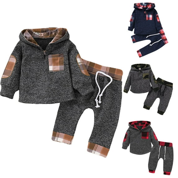 Pandaie 3M-3Y Infant Baby Boy Fall Winter Clothes 2 Piece Outfits Hooded Long Sweatshirt Pants Set 6 12 18 24 Months 2T 3T Blue 12-18 Months