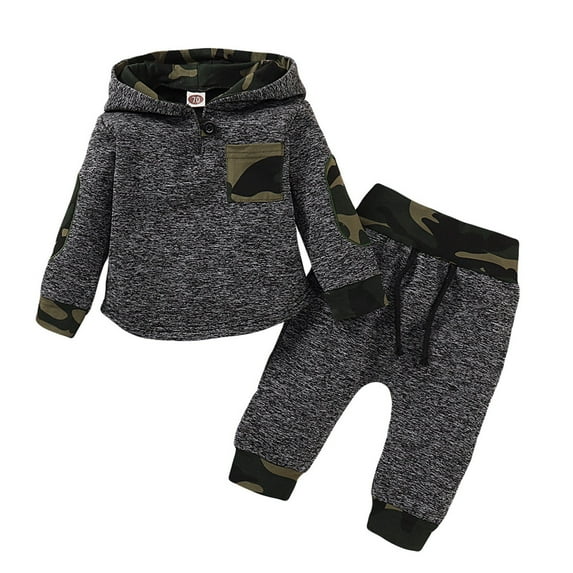 Pandaie 3M-3Y Infant Baby Boy Fall Winter Clothes 2 Piece Outfits Hooded Long Sweatshirt Pants Set 6 12 18 24 Months 2T 3T Dark Gray 3-6 Months