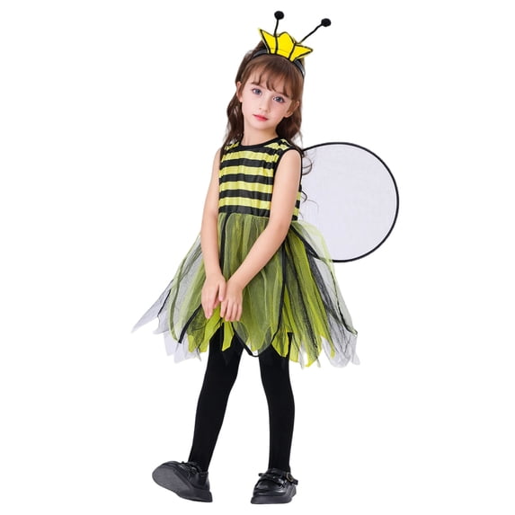 Pandaie 4-10Y Girls Kids Cute Tulle Dress Set with Headband and Wings Festival Cartoon Dress Up Outfit Yellow,9-10Years