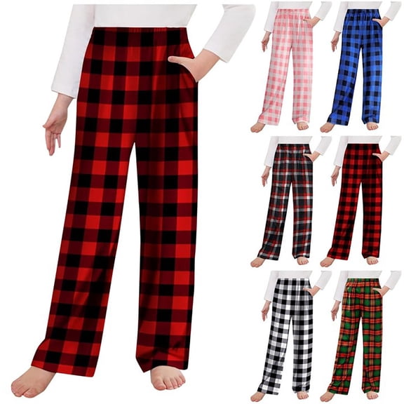 Pandaie 4-13T Pajama Pants for Boys Girls Kids Flannel Plaid Lounge Pj Bottoms Elastic Waist Sleepwear Trousers with Drawstring Pockets Black