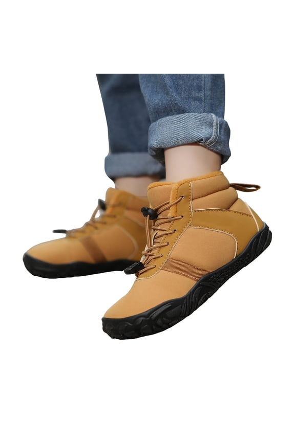 5-12Y Kids Winter Barefoot Shoes Toddler Furry Lined Zero Drop Hiking Boots Wide Toe Box Boys Girls Minimalist High Top Snow Booties Brown