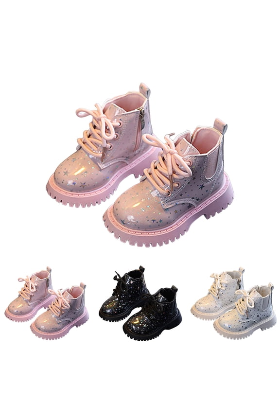 6M-6Y Boy's Girl's Glitter Ankle Boots Lace up Star Shiny Chelsea Combat Booties Low Heel Toddler Outdoor Dressy Shoes Black