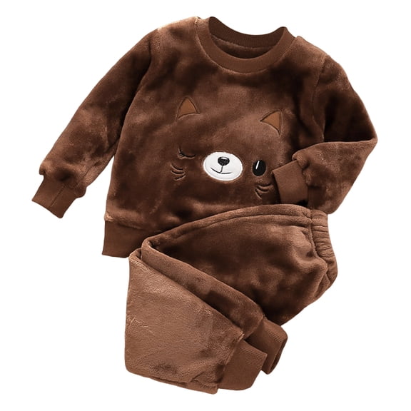 Pandaie 6M-6Y Toddler Boys Girls Fleece Pajama Set 6 12 24 Months Winter Warm Plush Tops Pants Outfits 2 Piece Kids Loungewear Pjs Brown 18-24 Months