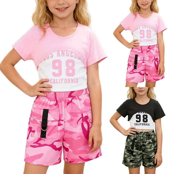 Pandaie 8-12Y Girl's Summer 3 Piece Outfits Graphic Short Sleeve Crop Top Tee Camisole Camo Shorts Clothes Set Black 10Y(9-10 Years)