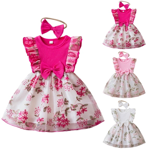 Pandaie 9-18M Baby Girl Clothes Newborn Infant Dress Outfit Ruffle Sleeveless Lace Floral Skirt Set with Cute Bow Headband Hot Pink 12M(12-18 Months)