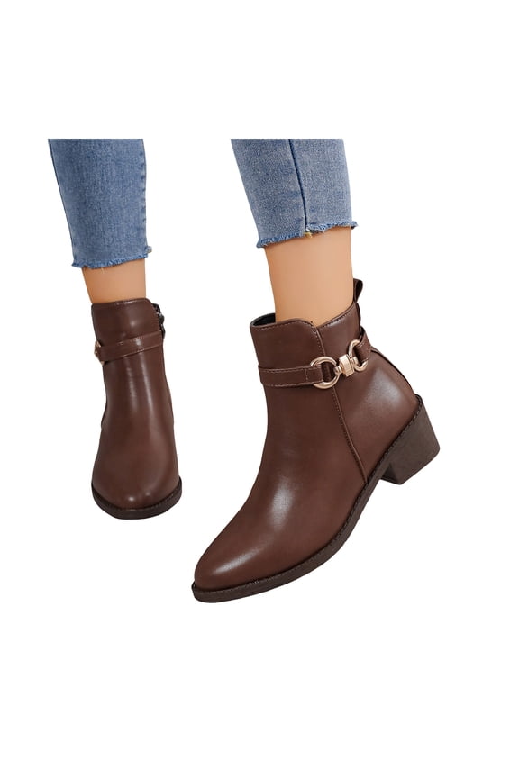 Ankle Boots Womens Leather Chunky Low Heel Chelsea Short Booties Ladies Side Zipper Fall Winter Dress Shoes Brown 8.5