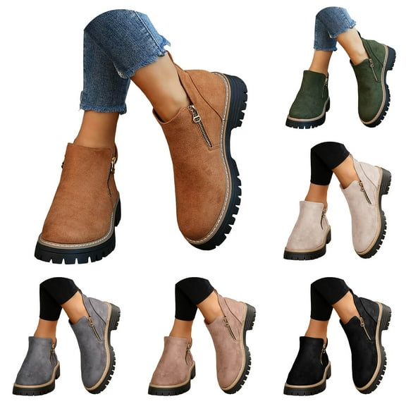 Pandaie Ankle Boots for Women Chunky Low Heel Lug Sole Chelsea Fall Booties 2025 Side Zipper Outdoor Non Slip Walking Work Shoes Beige 9