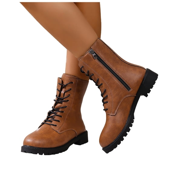 Pandaie Ankle Boots for Women Comfortable Lace up Combat Fall Booties 2025 Low Heel Lug Sole Side Zipper Motorcycle Riding Shoes Yellow 8