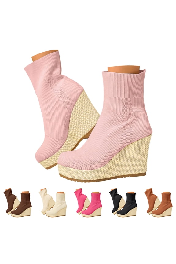 Ankle Boots for Women Stretch Knitted Platform Wedge Heel Sock Booties Pull on Round Toe High Heels Dress Short Boots Black 6