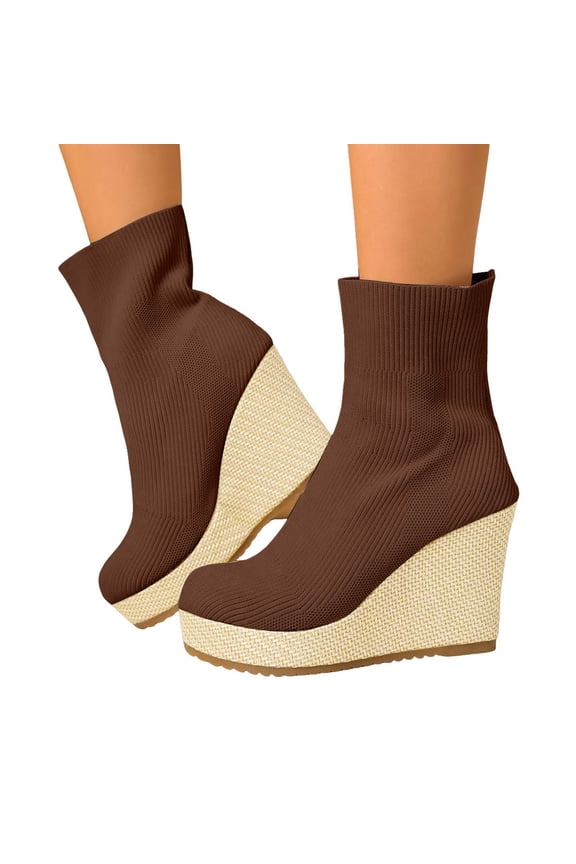 Ankle Boots for Women Stretch Knitted Platform Wedge Heel Sock Booties Pull on Round Toe High Heels Dress Short Boots Coffee 6
