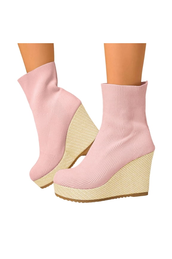 Ankle Boots for Women Stretch Knitted Platform Wedge Heel Sock Booties Pull on Round Toe High Heels Dress Short Boots Red 6.5
