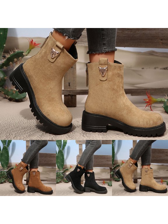 Ankle Chelsea Boots for Women Platform Chunky Block Heel Metal Decor Short Fashion Booties Suede Outdoor Non Slip Shoes Size 6‑9