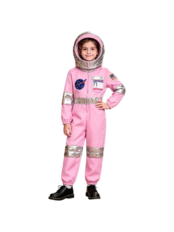 Kids Boy Girl Astronaut 3Pcs Outfit Romper Silver Helmet Gloves for Theme Party Space Suit for Toddler Pink,10-12 Years