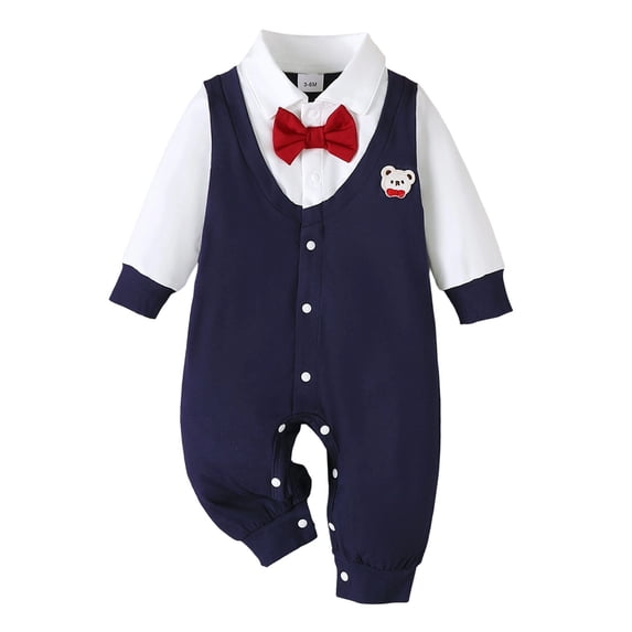 Pandaie Baby Boy Christmas Plaid Gentleman Romper Vest Long Sleeve Overall Jumpsuit Infant Formal Suit Navy,12-18 Months