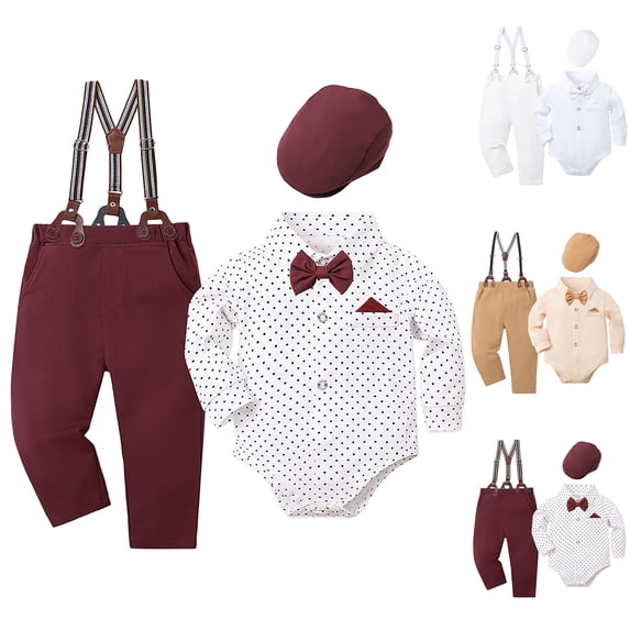 Pandaie Baby Boy Clothes Suits 4 Pcs Gentleman Outfit Long Sleeve Dress Romper Beret Hat Suspender Pants Bow Tie Wedding Set 0-3 Months Khaki