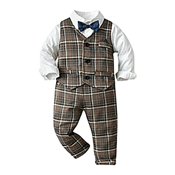 Pandaie Baby Boy Suit Toddler Formal Outfit Kids 3 Piece Vest Gentleman Clothes Long Sleeve Shirt Pants Overalls Set Coffee 3-6 Months
