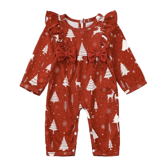 Pandaie Baby Boys and Girls Christmas Holly Print Long Sleeve Jumpsuit Ruffle Shoulder Bow Winter Newborn Romper Outfit Wine,3-6 Months
