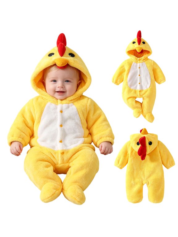 Baby Chick Fleece Hooded Footed Jumpsuit Toddler Halloween Warm Animal Plush Tail Funny Romper Yellow,6-9 Months