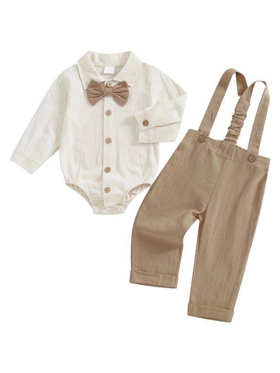 Baby Gentleman Outfit Collared Long Sleeve Button Bodysuit & Suspender Pants Cuffed Hem Baptism Formal Clothes Set Khaki,9-12 Months