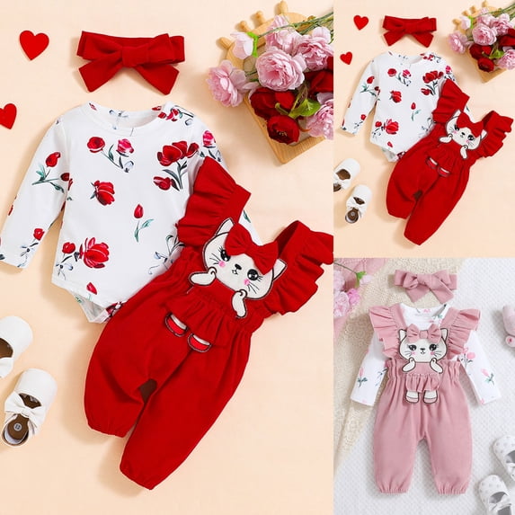 Pandaie Baby Girl 3 Piece Romper Outfit Floral Long Sleeve Bodysuit Cute Cat Ruffle Overalls Suspender Pants Newborn Layette Set Pink,9-12 Months