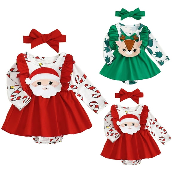Pandaie Baby Girl Christmas Romper Newborn Santa Deer Jumpsuit Dress Infant Cute Ruffle Outfits Clothes with Headband Green 0-3 Months