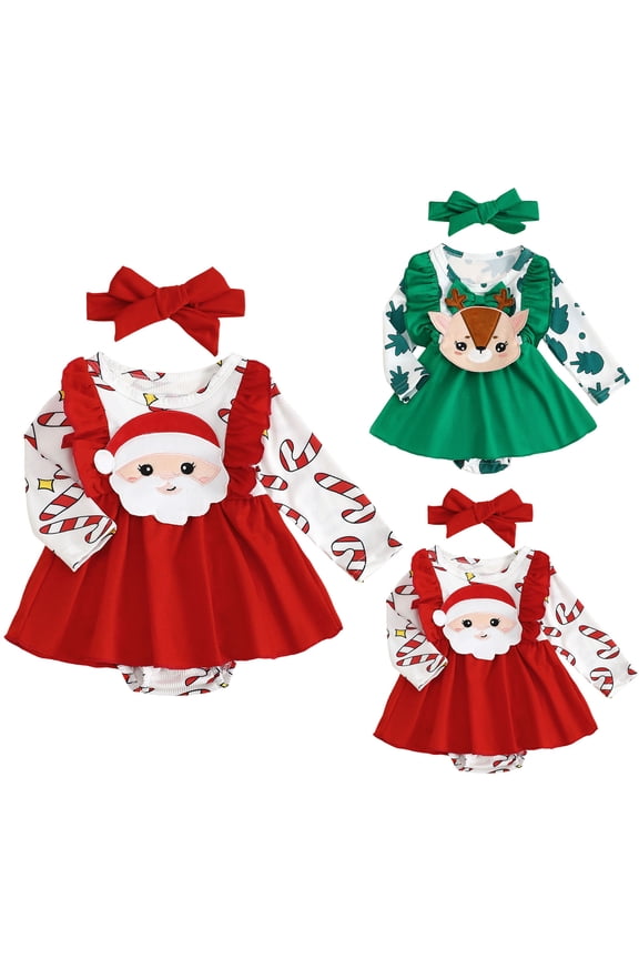 Baby Girl Christmas Romper Newborn Santa Deer Jumpsuit Dress Infant Cute Ruffle Outfits Clothes with Headband Green 18-24 Months