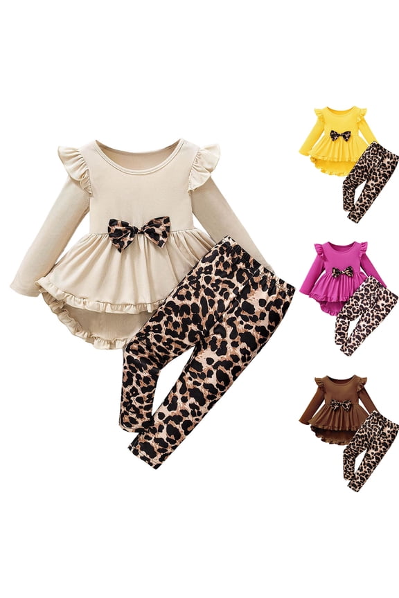 Baby Girl Clothes Toddler Fall Winter Outfit Set Ruffle Long Sleeve Dress Leopard Bow Pants Cute Romper Bodysuit Beige 3-4 Years