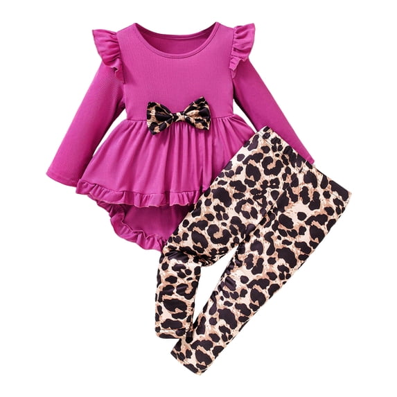 Pandaie Baby Girl Clothes Toddler Fall Winter Outfit Set Ruffle Long Sleeve Dress Leopard Bow Pants Cute Romper Bodysuit Red 6-7 Years