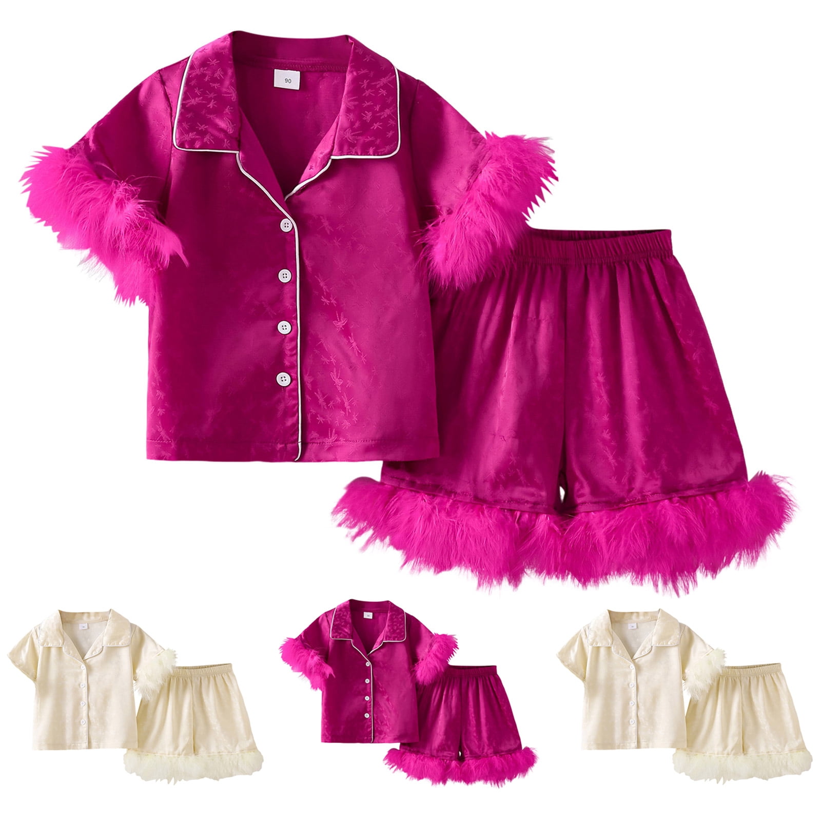 Pandaie Baby Girl Pajama Set Button Down Feather Trims Short Sleeve Shirt Shorts Satin Sleepwear Outfit Kids Nightwear Loungewear Clothes 1-10 Years Hot Pink