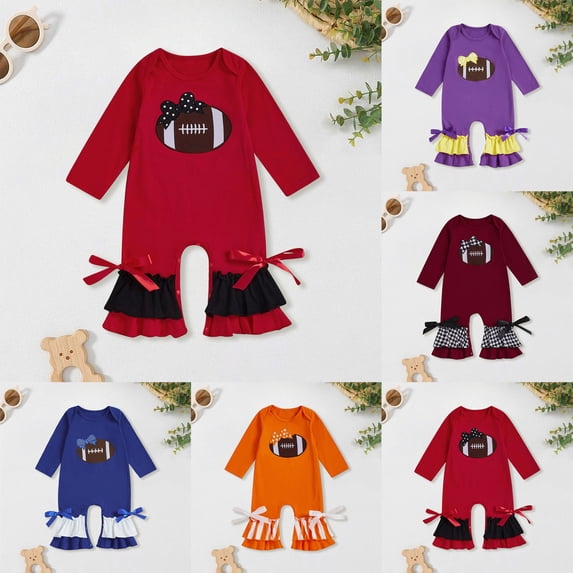 Pandaie Baby Girl Romper Newborn Football Embroidery Ruffle One Piece Jumpsuit Infant Fall Cute Clothes Blue,6-12 Months
