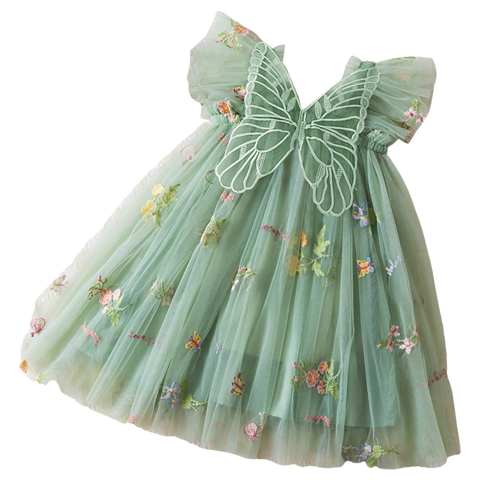 Pandaie Baby Girl Tulle Dress Flower Butterfly Wing Embroidery Sleeveless Romper Mesh Tutu Skirt Toddler Princess Birthday Party Dresses 4-5 Years Green