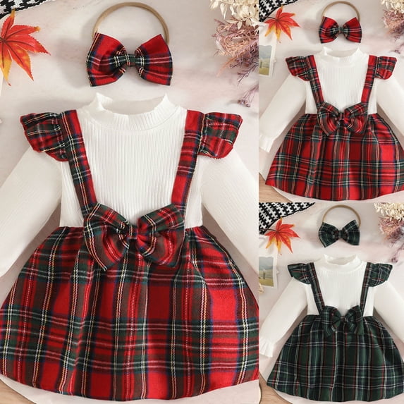 Pandaie Baby Girls Christmas Clothes Outfit Girl Flying Sleeve Suspender Skirt Set Toddler Gingham Print Dress for Festival Party Brick Red,9-12 Months