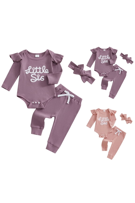 Baby Girls Fall Winter Clothes Newborn Infant Outfit Long Sleeve Ruffle Romper Floral Pants Headband Sets Pink 3-6 Months