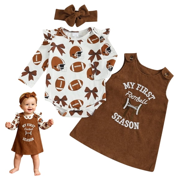 Pandaie Baby Girls Outfit Long Sleeve Football Bow Print Bodysuit Sleeveless Corduroy Overall Dress Matching Bow Headband Fall Game Day Play Sets Brown,6-12 Months