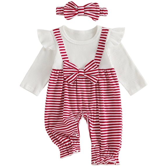 Pandaie Baby Plaid Bodysuit 2 Pcs Sets Infant Jumpsuit Bow Heandband Girl Clothes 3 6 9 12 18 Months Toddler Fall Romper for Christmas Red,12-18 Months