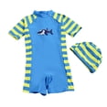 thumbnail image 1 of Pandaie Baby Swimsuit Boy Short Sleeve Rash Guard One Piece Surfing Bathing Suit Toddler Zipper Cute Print Swimwear with Hat 2-3 Years Sky Blue, 1 of 7