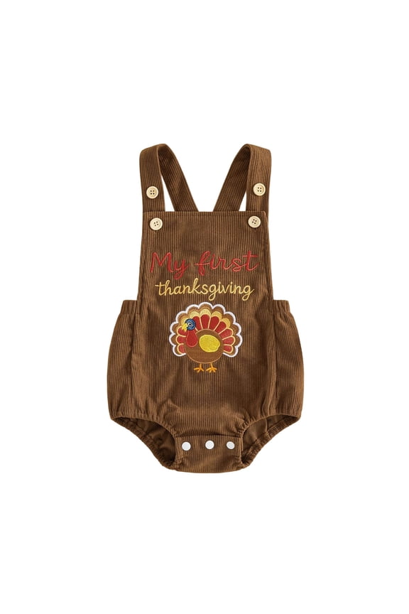 Baby Thanksgiving Romper Overalls Corduroy Turkey Embroidery Suspender Clothes Infant Jumpsuit Sets Brown,3-6 Months