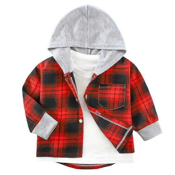 Pandaie Baby Toddler Boys Long Sleeve Shirt Flannel Plaid Button Down Jacket Little Kids Hooded Fall Winter Clothes Outfits Red 10-11T