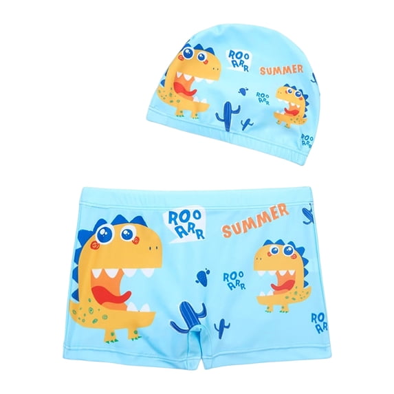 Pandaie Baby Toddler Boys Swim Trunks Set Rash Guards Dinosaur Swimsuit Shorts Cute Summer Beach Bathing Suit with Hat 5-6 T,Light Blue