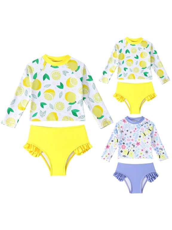 Baby Toddler Girls Swimsuits Long Sleeve Rash Guard 2 Piece Bathing Suit Sun Production Bikini Swimwear Set Purple 6-7 Years