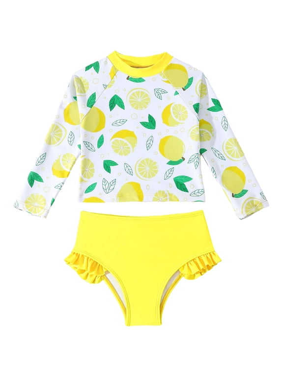 Baby Toddler Girls Swimsuits Long Sleeve Rash Guard 2 Piece Bathing Suit Sun Production Bikini Swimwear Set Yellow 6-7 Years
