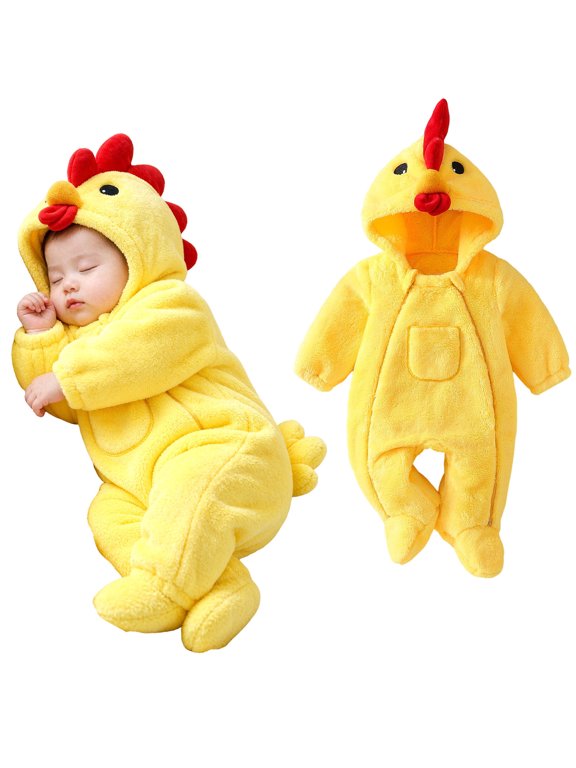 Baby's Chicken Fleece Hooded Footed Jumpsuit 3D Rooster Comb Pocket Full Zip Infant Romper Yellow,3-6 Months