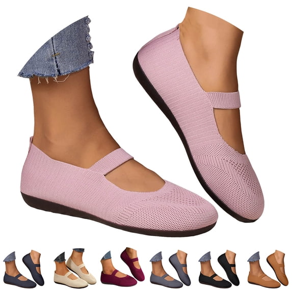 Pandaie Ballet Flats for Women Round Toe Mary Jane Shoes Comfortable Washable Dressy Knit Slip on Shoes with Adjustable Strap Black 6.5