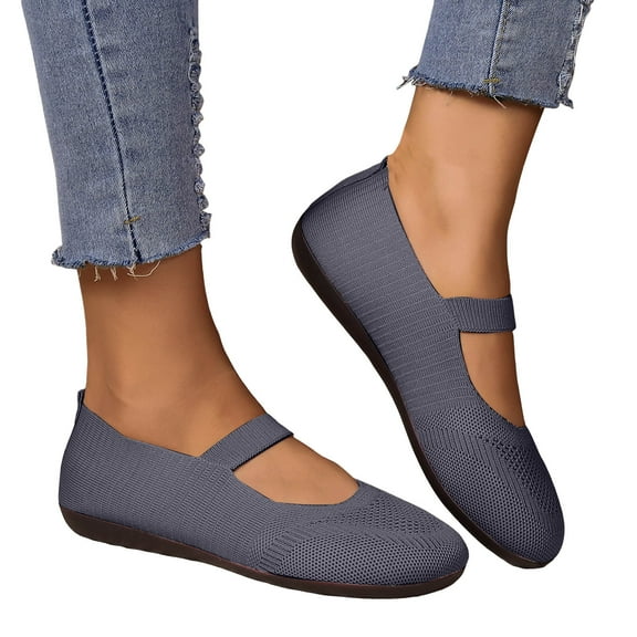 Pandaie Ballet Flats for Women Round Toe Mary Jane Shoes Comfortable Washable Dressy Knit Slip on Shoes with Adjustable Strap Grey 10.5