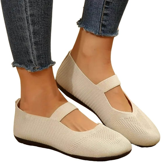 Pandaie Ballet Flats for Women Round Toe Mary Jane Shoes Comfortable Washable Dressy Knit Slip on Shoes with Adjustable Strap White 8.5