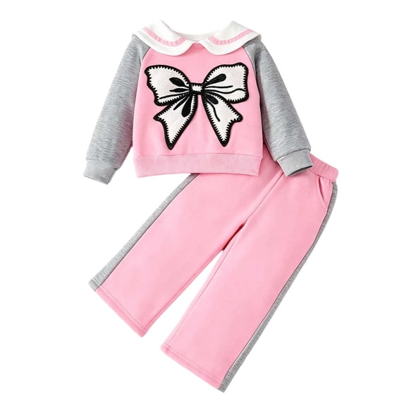 Pandaie Big Bow Embroidery Sweatsuit for Toddler Girls Raglan Doll Neck Sweet Clothes Outfit 3T 4T 5T 6T Kids School Pullover Tracksuit Pink,5 Years